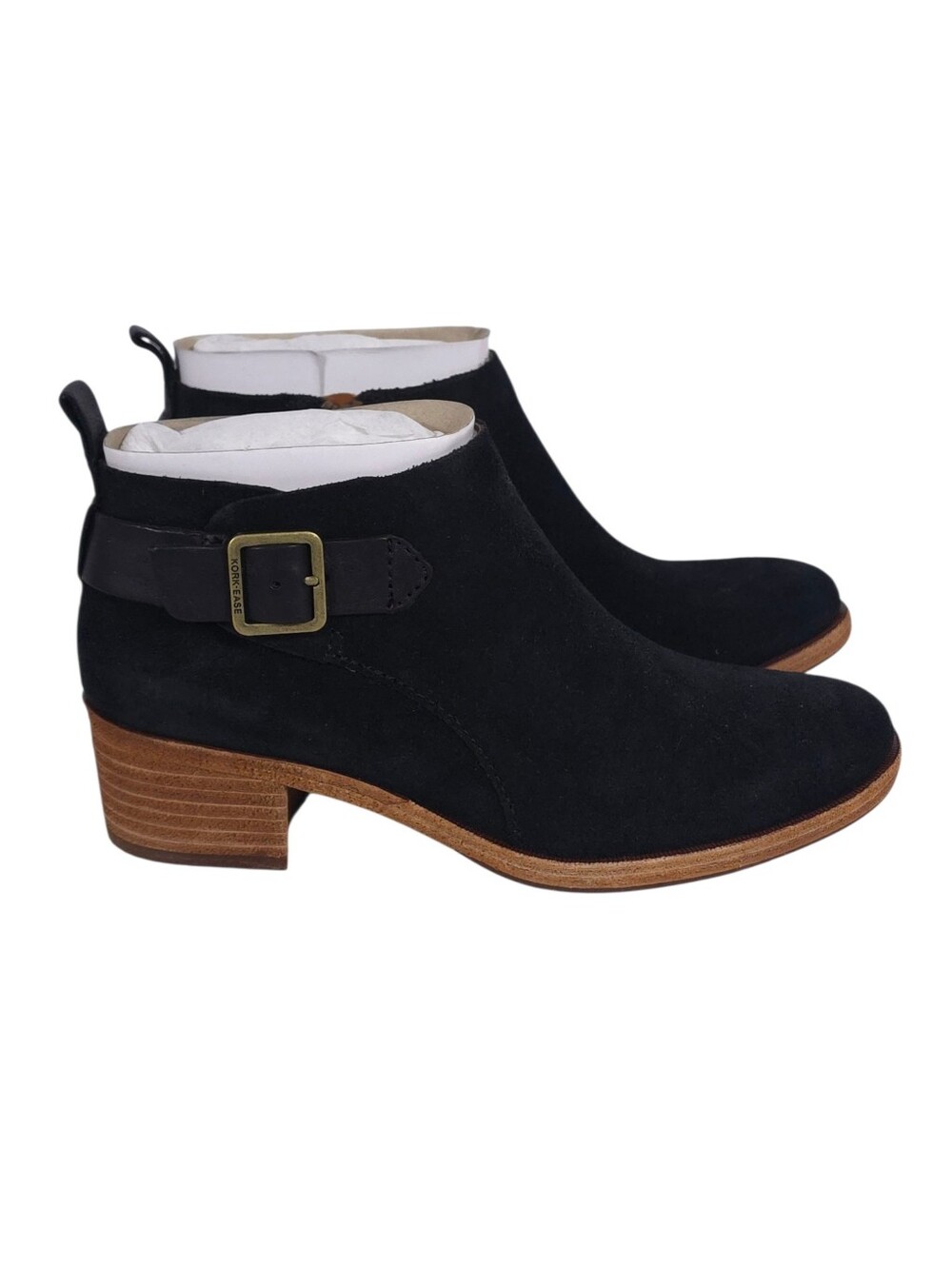 Kork-Ease Mesa Black Suede Leather Ankle Boots Booties Buckle Block Heel Western